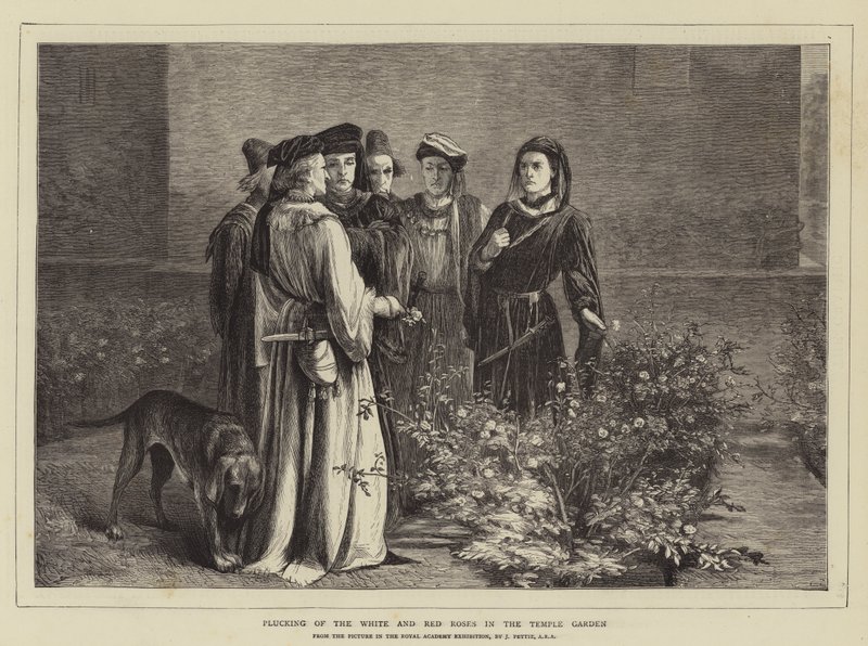 Recolección de las rosas blancas y rojas en el jardín del templo de John Pettie