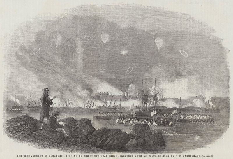 El Bombardeo de Sveaborg, quema de los 60 cobertizos de cañoneras, esbozado desde una roca opuesta de John Wilson Carmichael