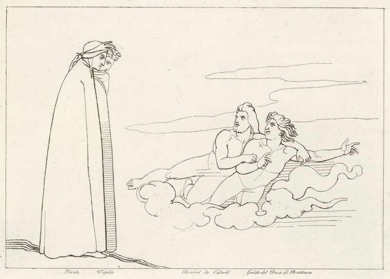 Una Conversación con Guido Di Brettinoro, Purgatorio, Canto 14 (grabado) de John (after) Flaxman