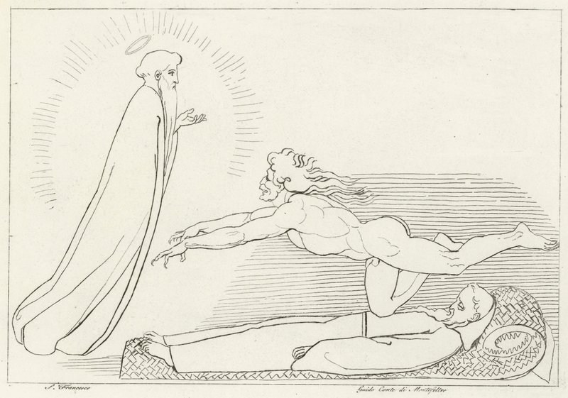 La Contienda por Guido De Montefeltro, Infierno, Canto 27 (grabado) de John (after) Flaxman