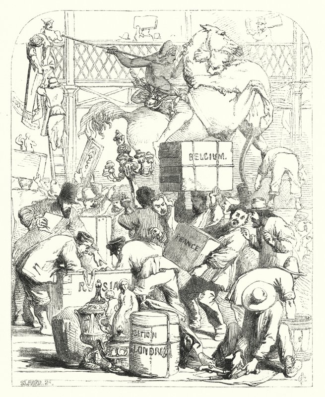 Llegada de mercancías para ser exhibidas en la Gran Exposición de 1851, Crystal Palace, Hyde Park, Londres (grabado) de John (after) Gilbert