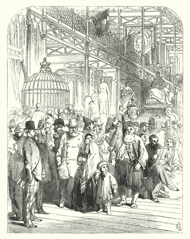 Expositores y visitantes en el Crystal Palace, Hyde Park, Londres, sede de la Gran Exposición de 1851 (grabado) de John (after) Gilbert