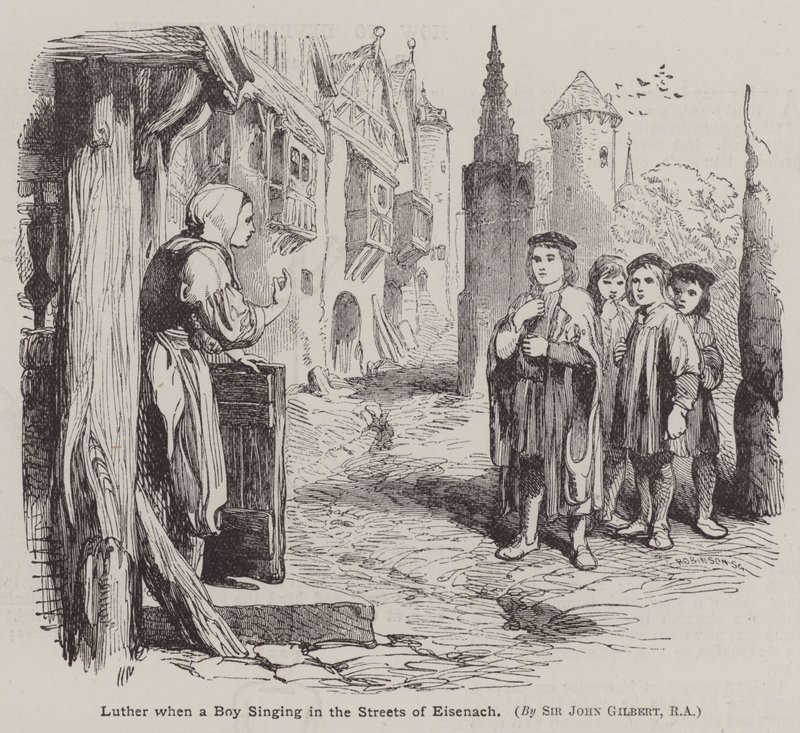 Martín Lutero cuando era niño cantando en las calles de Eisenach de John (after) Gilbert