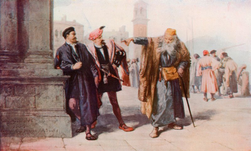 Shakespeare: La provocación de Shylock, El mercader de Venecia, Acto III, Escena 1 (litografia en color) de John (after) Gilbert