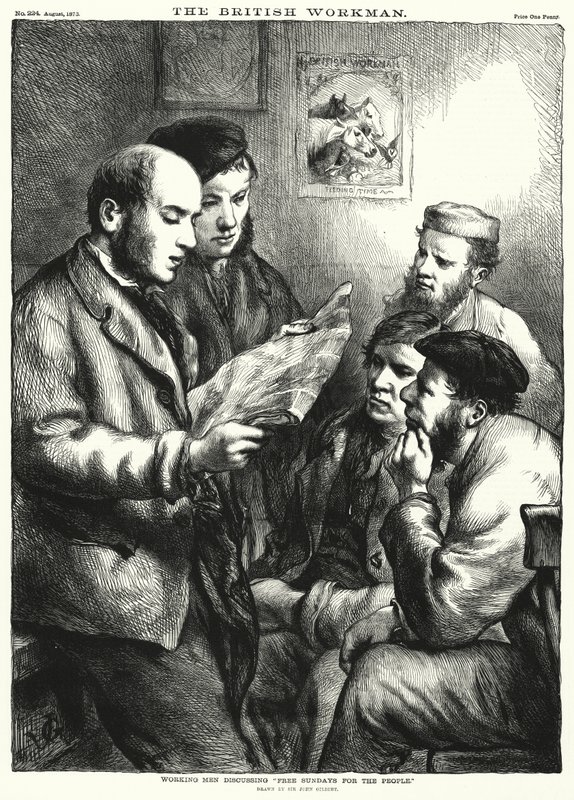 Hombres Trabajadores discutiendo "Domingos Libres para el Pueblo" (grabado) de John (after) Gilbert