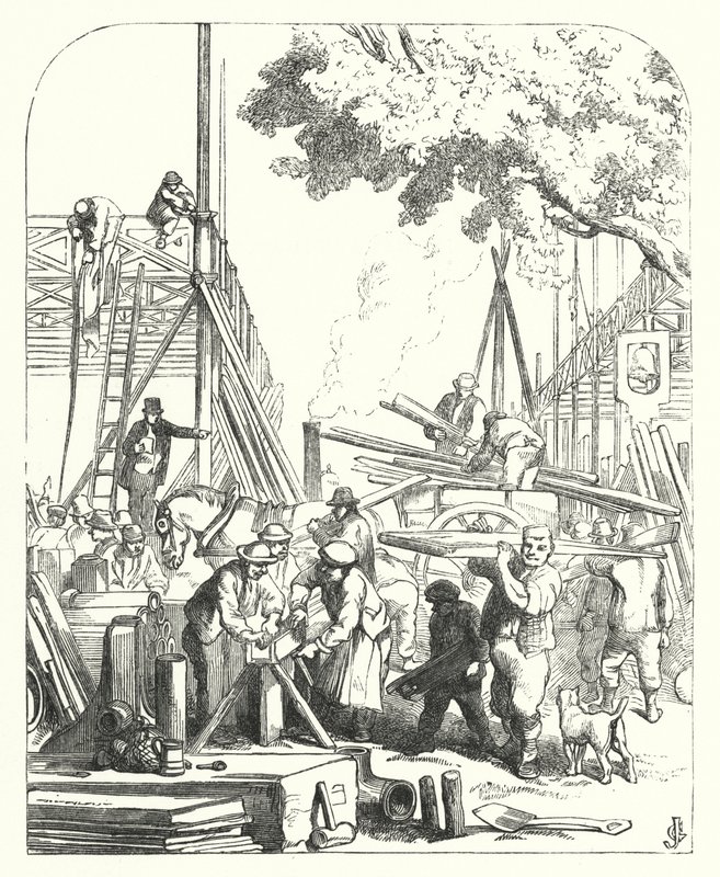 Trabajadores en el sitio del Crystal Palace, Hyde Park, Londres, sede de la Gran Exposición de 1851 de John (after) Gilbert