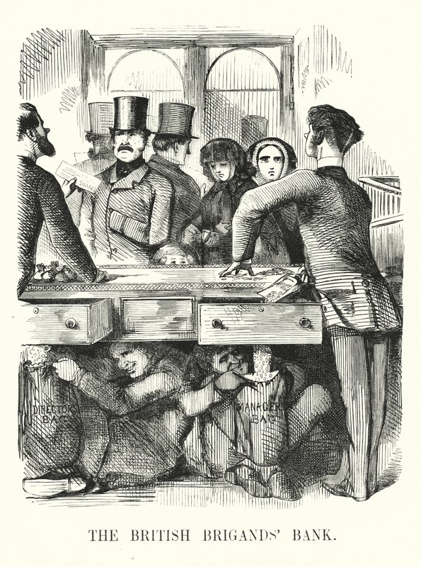 Caricatura de Punch: El banco de los bandidos británicos - corrupción en la banca y el colapso del Royal British Bank (grabado) de John (after) Leech