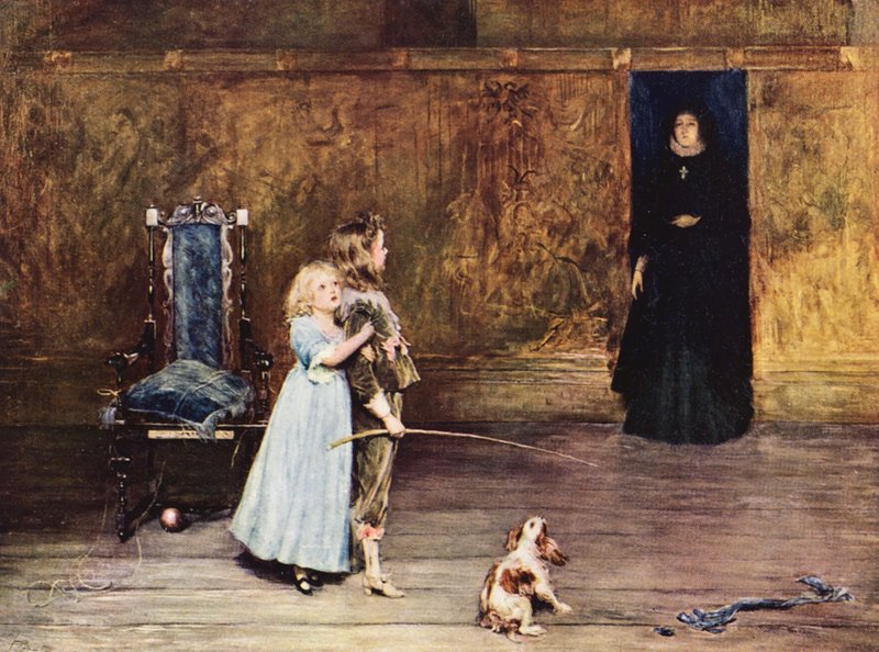 Escena de Peveril of the Peak (litografía en color) de John (after) Pettie