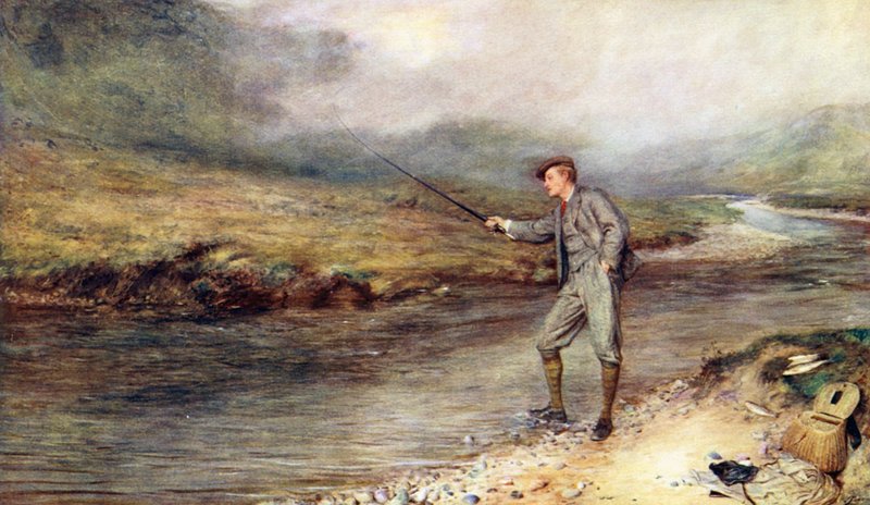 La pesca de la trucha en las Highlands (litografía en color) de John (after) Pettie