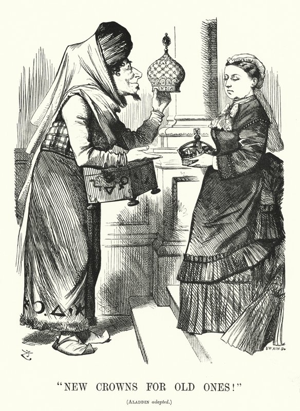 Caricatura de Punch: Nuevas Coronas por Viejas. Benjamin Disraeli (como Aladino) con la Reina Victoria - el Acta de Títulos Reales de 1876 reconociendo a la Reina como Emperatriz de la India (grabado) de John (after) Tenniel