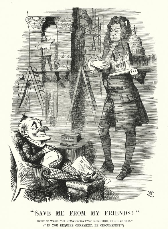 Caricatura de Punch: Sálvame de Mis Amigos - el fantasma de Sir Christopher Wren y la decoración de la Catedral de San Pablo, Londres (grabado) de John (after) Tenniel