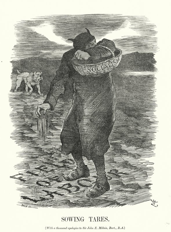 Caricatura de Punch: Sembrando cizaña - el miedo a la propagación del socialismo entre los trabajadores británicos (grabado) de John (after) Tenniel