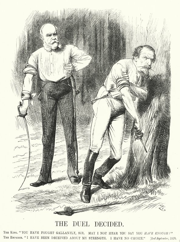 Caricatura de Punch: El duelo decidido - la derrota de Francia en la guerra franco-prusiana de John (after) Tenniel