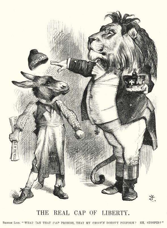 Caricatura de Punch: El Verdadero Gorro de la Libertad - la superioridad de la monarquía constitucional británica sobre el republicanismo de John (after) Tenniel