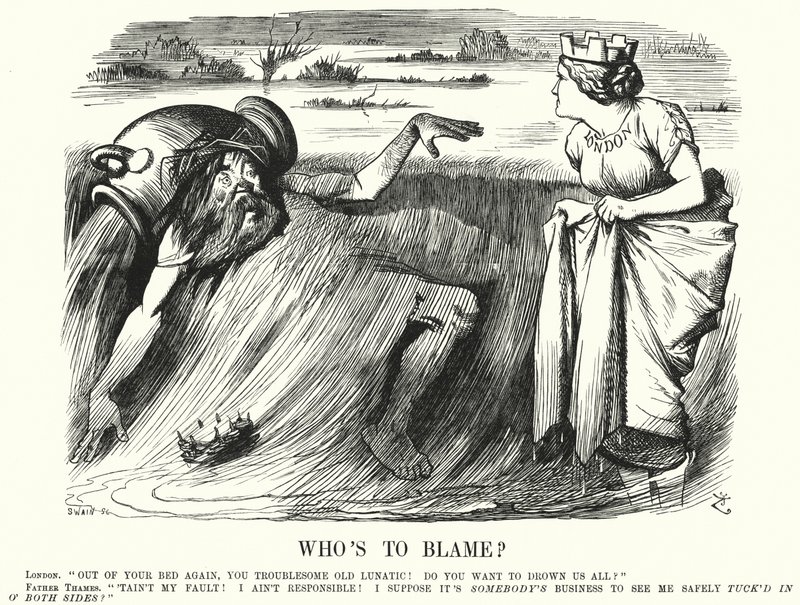 Caricatura de Punch: ¿Quién Tiene la Culpa? - llamados a tomar medidas para prevenir inundaciones del Támesis en Londres (grabado) de John (after) Tenniel