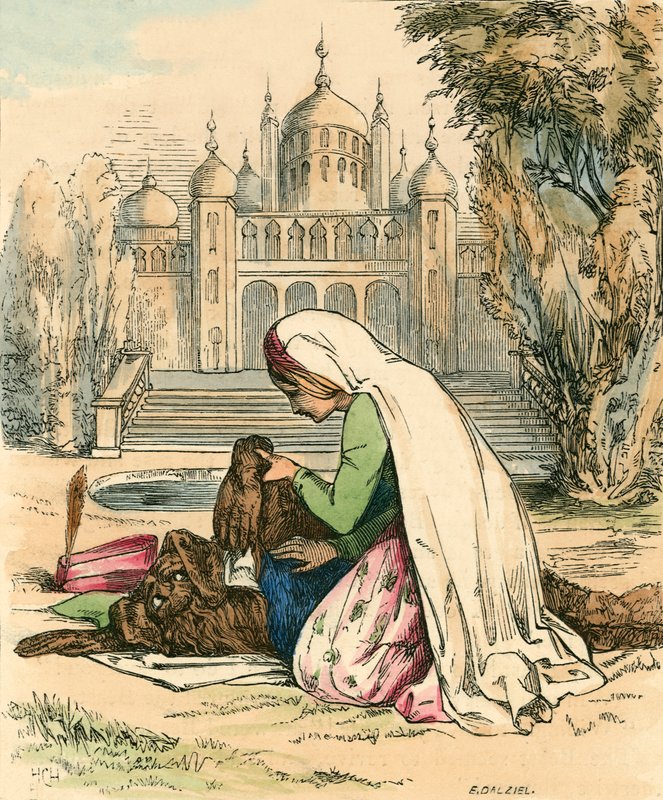 Belleza descubriendo a la bestia en el jardín de John Callcott Horsley