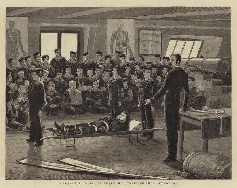 Ejercicio de ambulancia a bordo del buque escuela HM Exmouth de John Charles Dollman