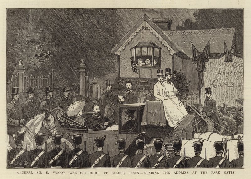 Bienvenida a casa del General Sir E Wood en Belhus, Essex, leyendo el discurso en las puertas del parque de John Charles Dollman