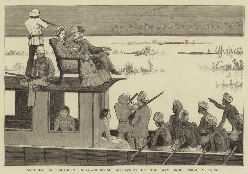Bocetos en el Sur de la India, cazando Caimanes de Regreso de un Picnic de John Charles Dollman