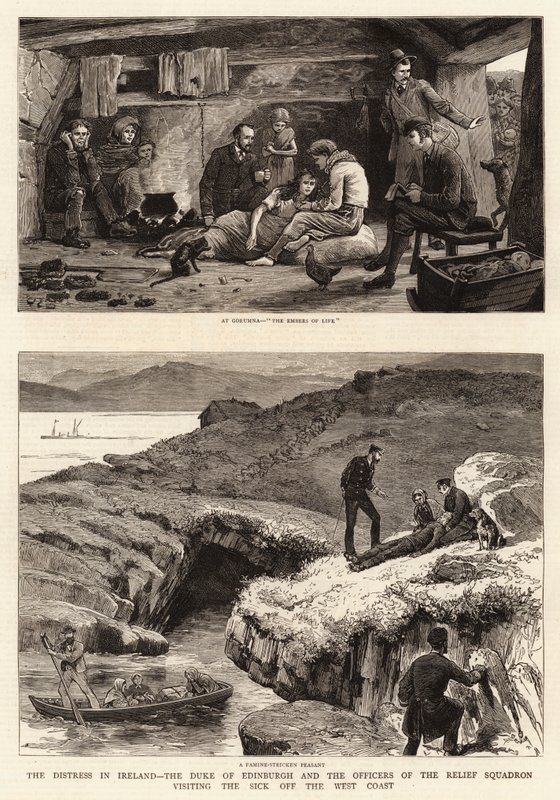 La angustia en Irlanda, el Duque de Edimburgo y los oficiales del escuadrón de socorro visitando a los enfermos en la costa oeste de John Charles Dollman