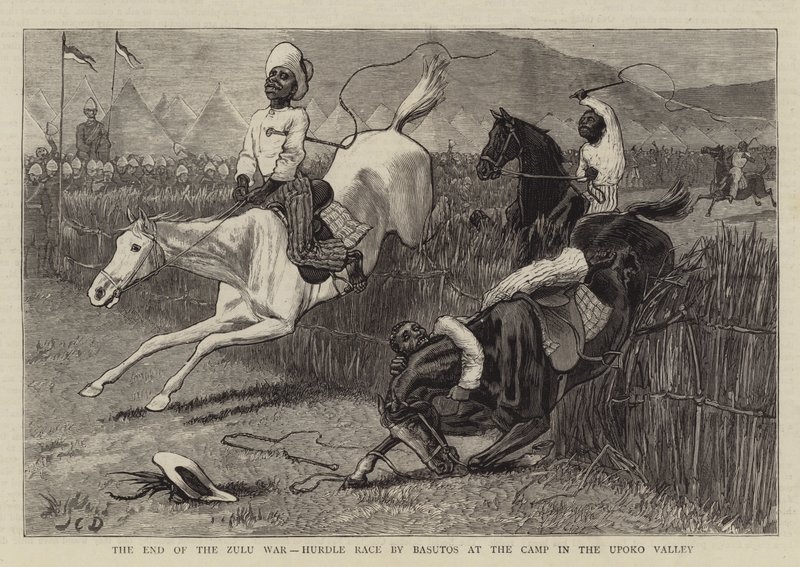 El fin de la guerra zulú, carrera de obstáculos por los basutos en el campamento en el valle de Upoko de John Charles Dollman
