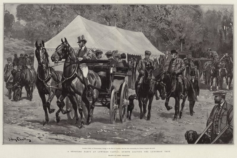 Una fiesta de caza en el Castillo de Lowther, invitados saliendo de la carpa de almuerzo de John Charlton