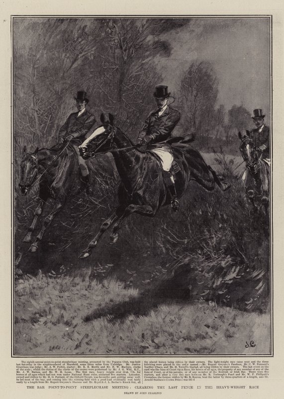 Reunión de carreras de obstáculos de Bar Point-to-Point, saltando la última valla en la carrera de peso pesado de John Charlton