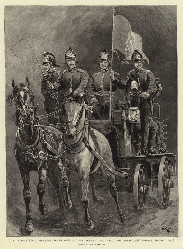 El torneo internacional de bomberos en el Agricultural Hall, la brigada portuguesa pasando de John Charlton