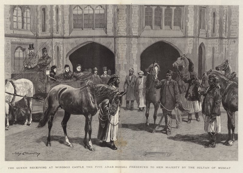 La Reina recibiendo en el Castillo de Windsor los Cinco Caballos Árabes presentados a Su Majestad por el Sultán de Mascate de John Charlton