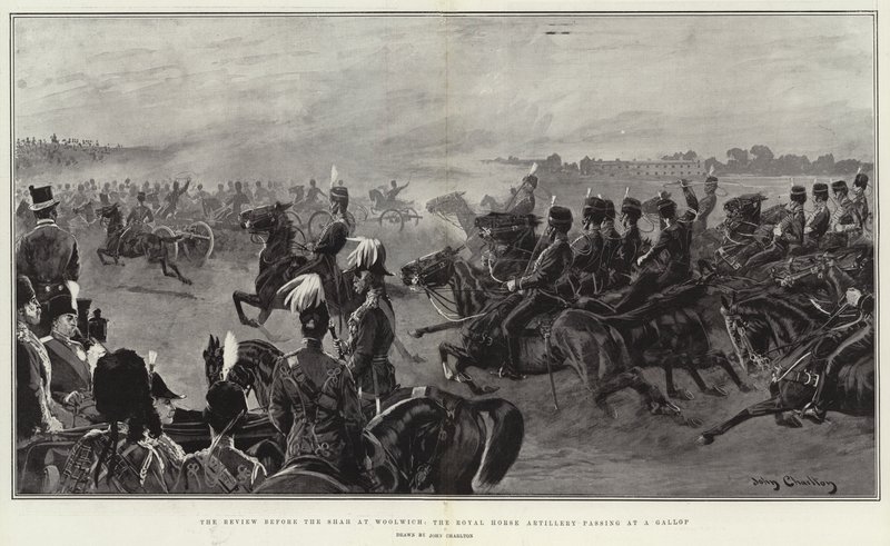La revisión ante el Shah en Woolwich, la Artillería Real a Caballo pasando al galope de John Charlton