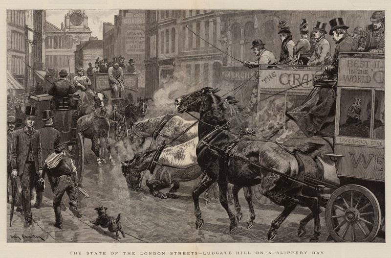 El estado de las calles de Londres, Ludgate Hill en un día resbaladizo de John Charlton