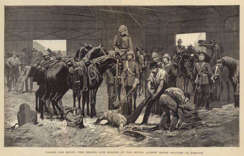 Tropas para Egipto, la Segunda Guardia Real en los muelles de Royal Albert esperando para embarcar de John Charlton