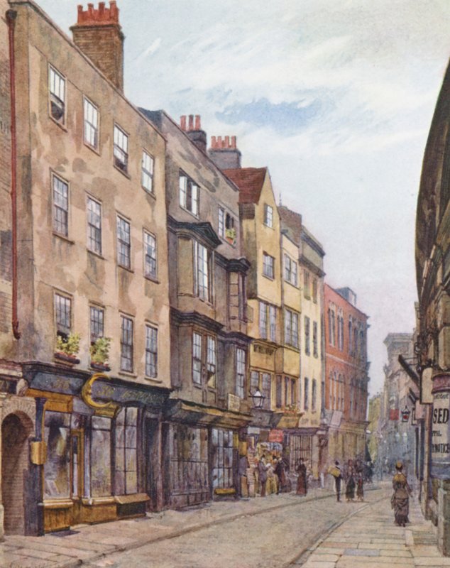 Londres perdido: Holywell Street, mirando al oeste (litografía en color) de John Crowther