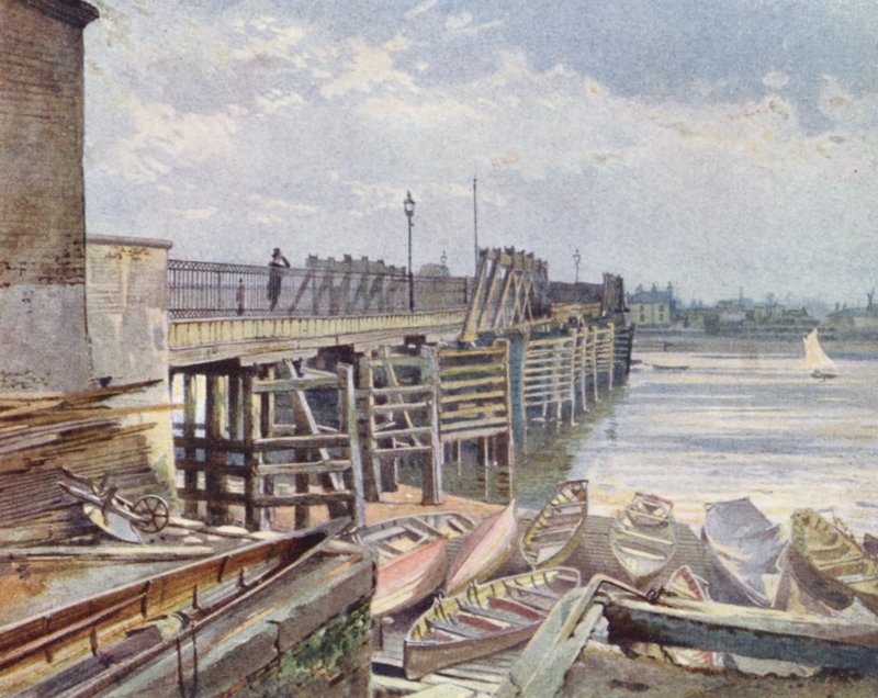 Londres perdido: Old Battersea Bridge, from the North Bank (litografía en color) de John Crowther