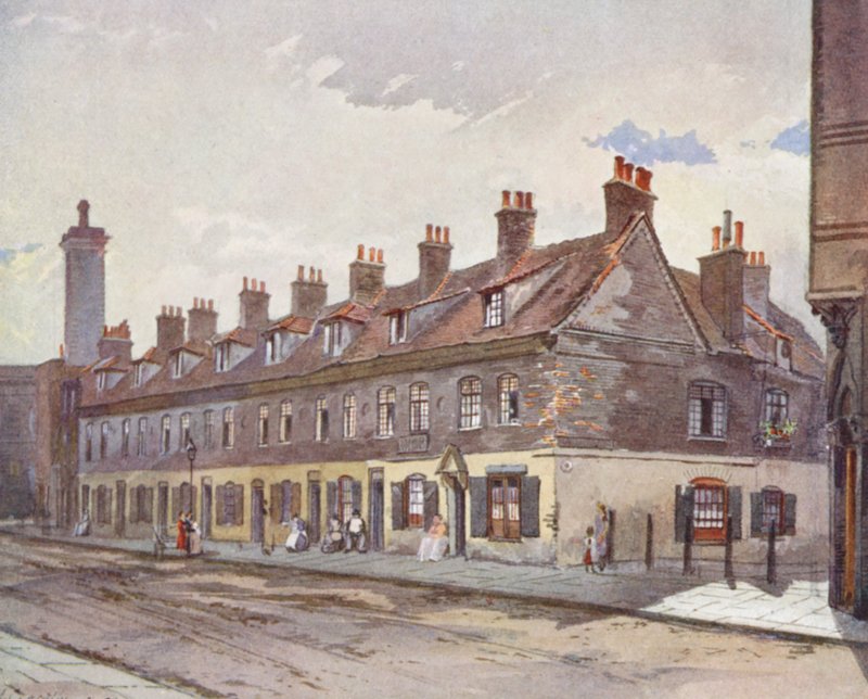 Londres perdido: Old Houses in Pye Street, Westminster (litografía en color) de John Crowther