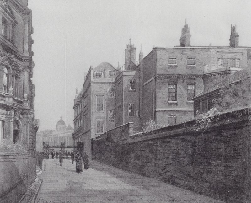 Londres perdido: Pasaje en Spring Gardens desde Trafalgar Square hasta el Mall (litografía) de John Crowther