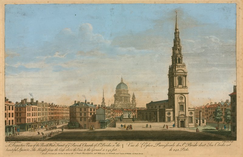 Vista en perspectiva del frente noroeste de la iglesia parroquial de St. Brides con la hermosa aguja de John Donowell