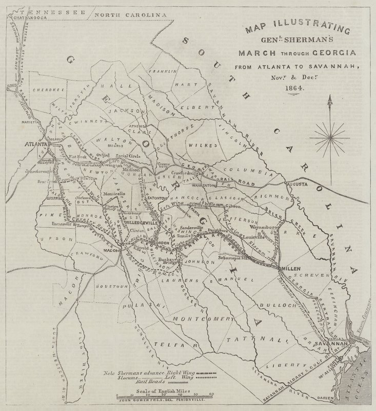 Mapa que ilustra la marcha del General Sherman a través de Georgia desde Atlanta hasta Savannah, noviembre y diciembre de 1864 de John Dower