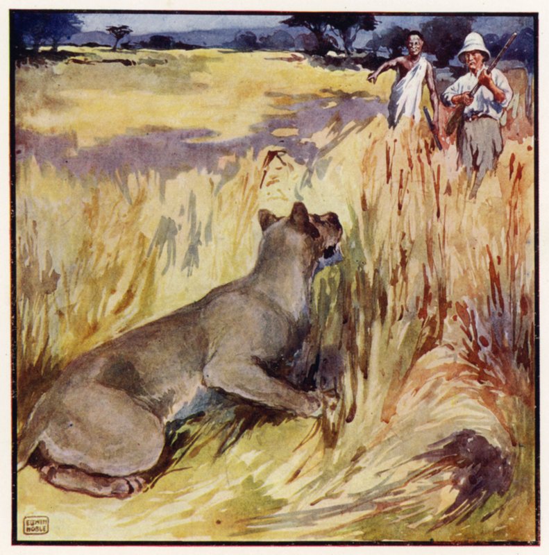 Con un gruñido profundo desapareció entre los juncos (litografía en color) de John Edwin Noble