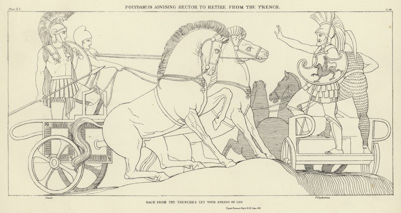 Polidamante aconsejando a Héctor retirarse de la trinchera de John Flaxman