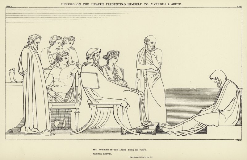 Ulises en el hogar presentándose a Alcínoo y Arete de John Flaxman
