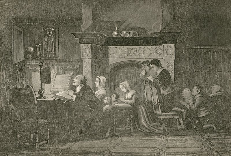 El tendero y su familia en oración de John Franklin