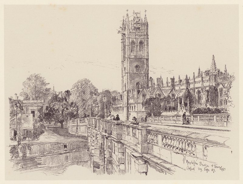 Magdalen College desde el puente (litografía) de John Fulleylove