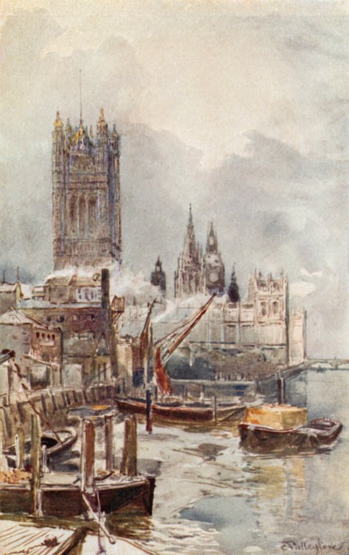Las nuevas Casas del Parlamento, desde el río de John Fulleylove