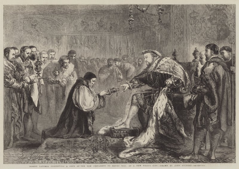 El obispo Latimer presentando una copia del Nuevo Testamento a Enrique VIII como regalo de Año Nuevo de John Gilbert