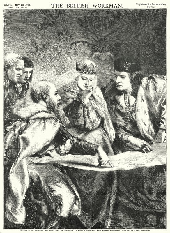 Colón explicando su Descubrimiento de América al Rey Fernando y la Reina Isabel de John Gilbert