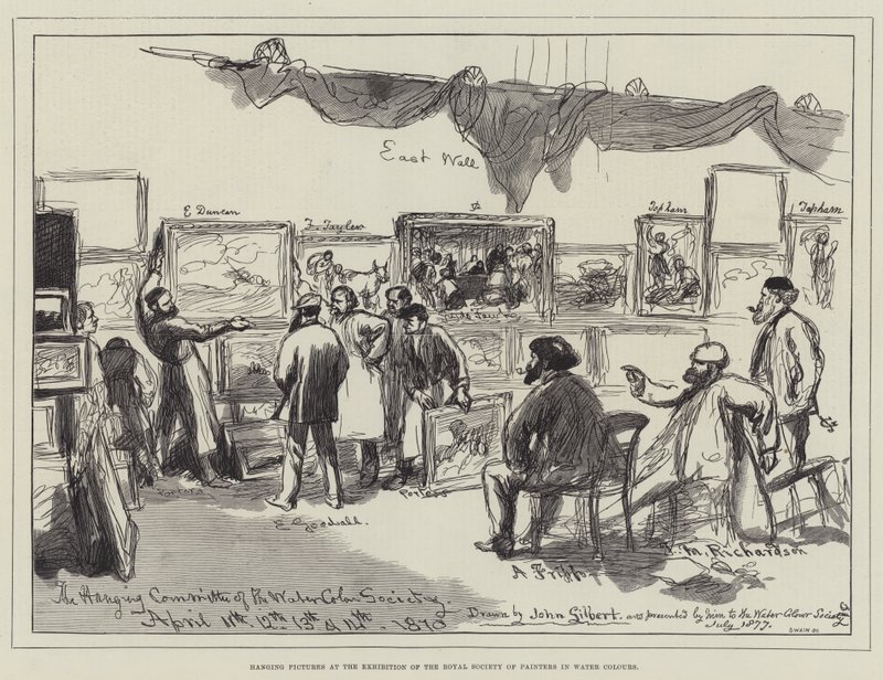 Colgando cuadros en la exposición de la Royal Society of Painters in Water Colours de John Gilbert