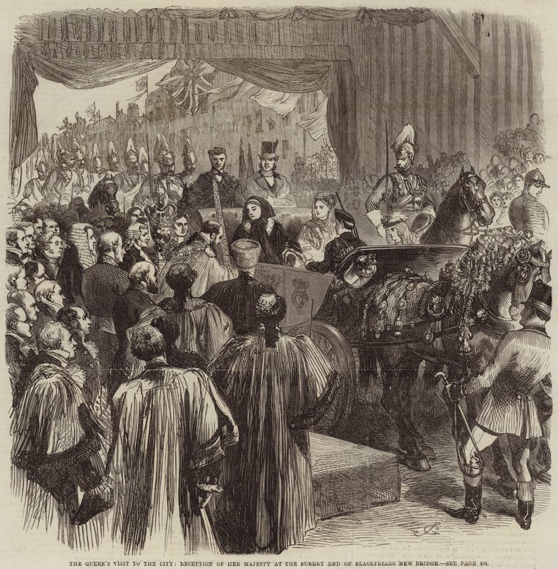 La visita de la reina a la ciudad, recepción de Su Majestad en el extremo de Surrey del nuevo puente de Blackfriars de John Gilbert