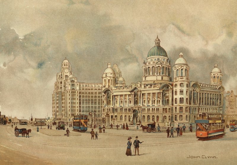 Liverpool: Oficinas de Mersey Docks and Harbour Board, The Liver Building, etc., aproximación al embarcadero (litografia en color) de John Glynn