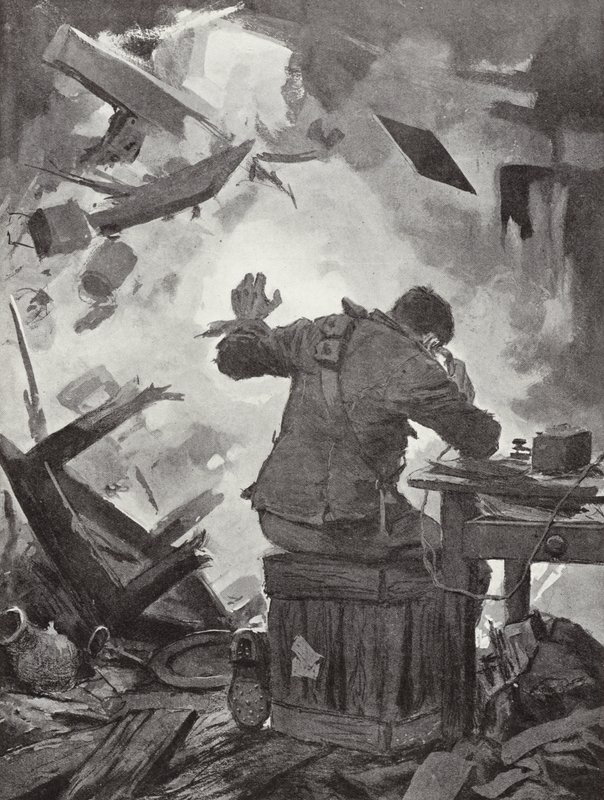 Bombardero W H French terminando su mensaje después de que una bomba atravesara la habitación en la que estaba telefoneando, Helpegarde, Primera Guerra Mundial de John Harris Valda